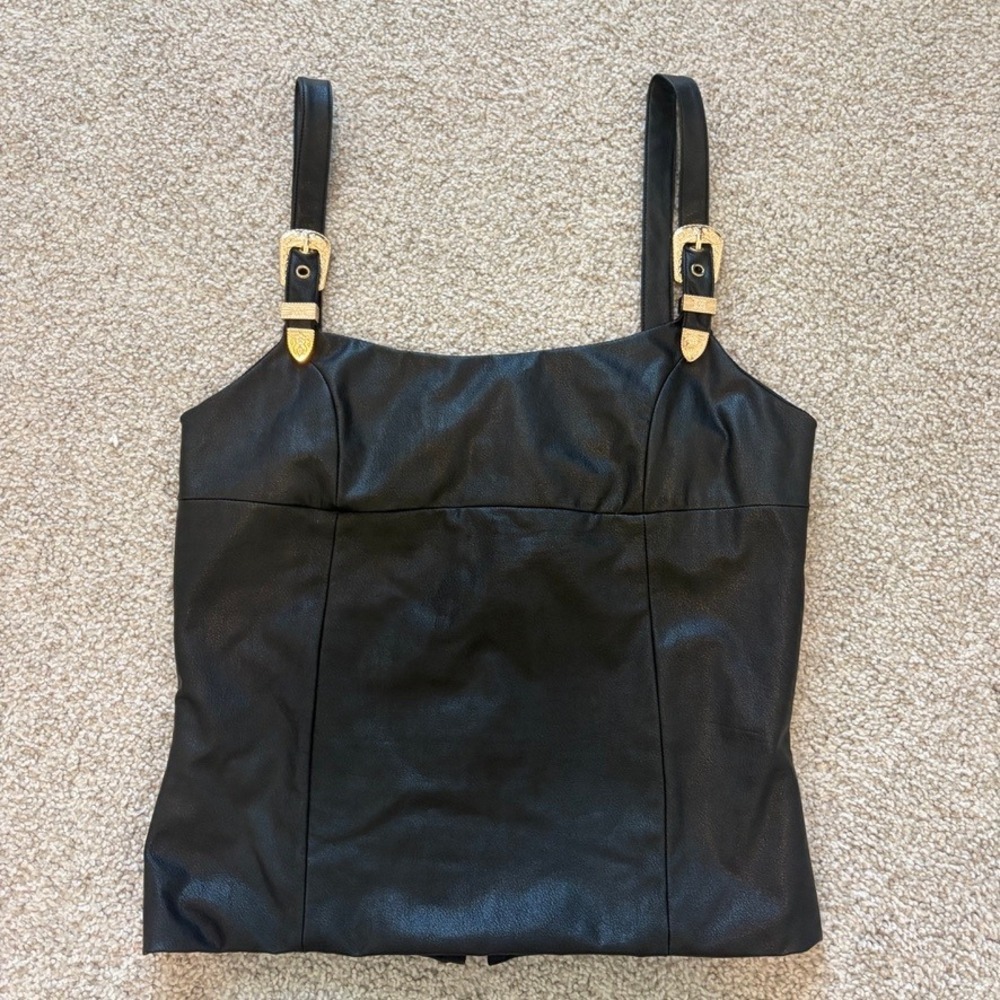 Amanda Uprichard Coralynn Top Womens M Black Faux Leather Buckle Western Cowgirl